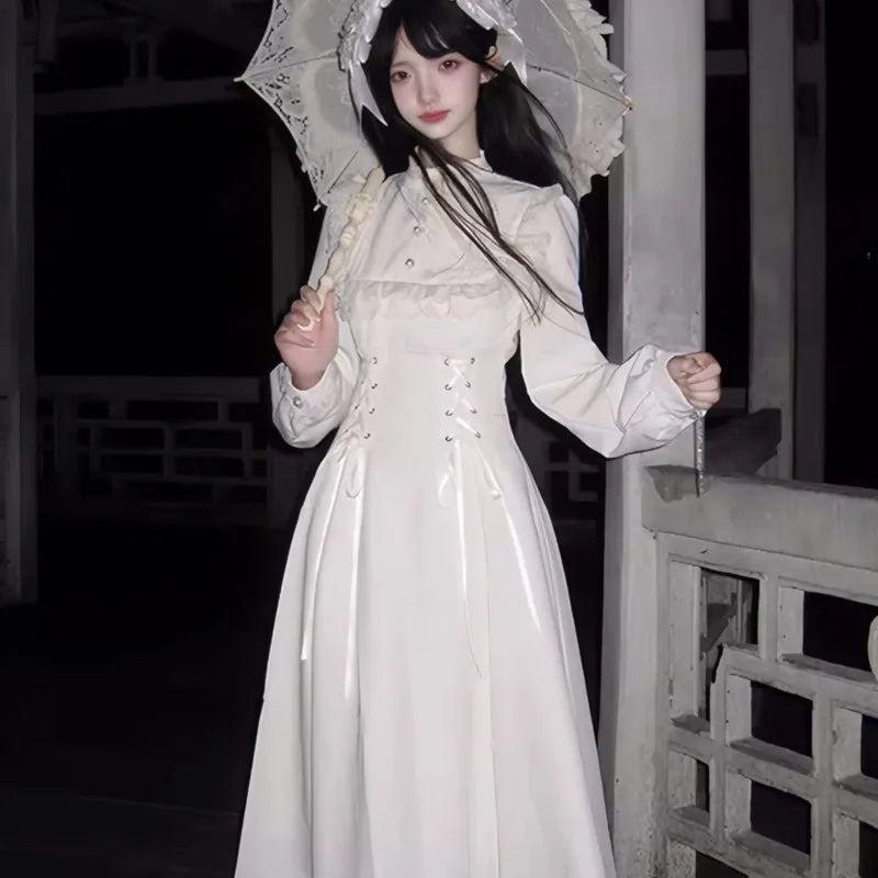 Japanese Style Kawaii Lace-up Midi Dresses Women Princess Party Dress Long Sleeve O-neck High Waist Y2K Gothic Vestidos Mujer