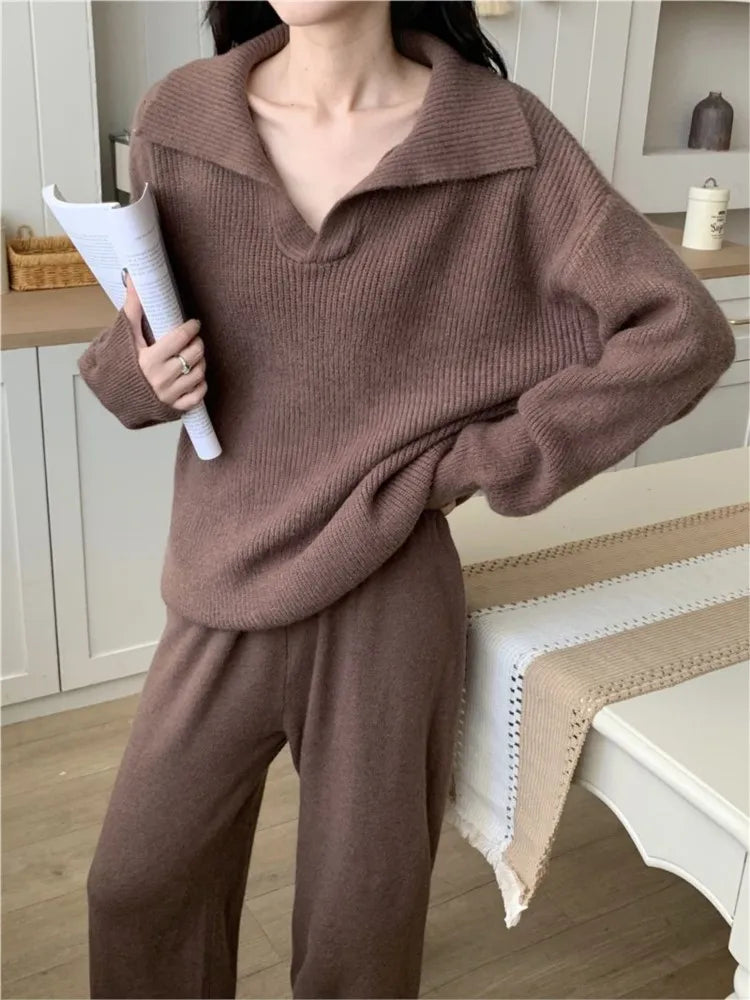 Autumn Winter Women’s Knitted 2-piece Set Lapel Pullover Sweater Long Pants Korean Fashion Casual Female Clothing Knitwear New