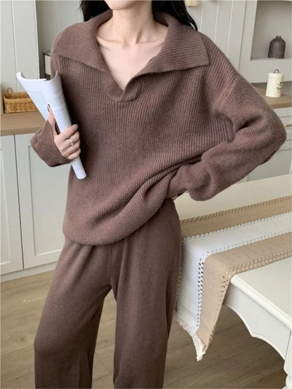 Autumn Winter Women’s Knitted 2-piece Set Lapel Pullover Sweater Long Pants Korean Fashion Casual Female Clothing Knitwear New