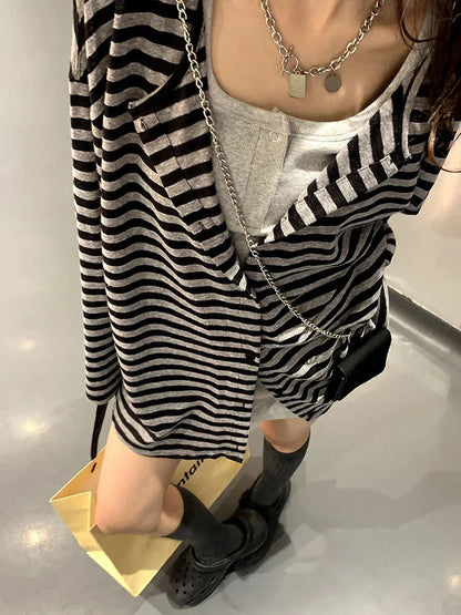 Voguable  Harajuku Y2k Top Black Gray Striped Cardigan Loose Casual Long-Sleeved Top Woman Clothes Grunge Korean Fashion