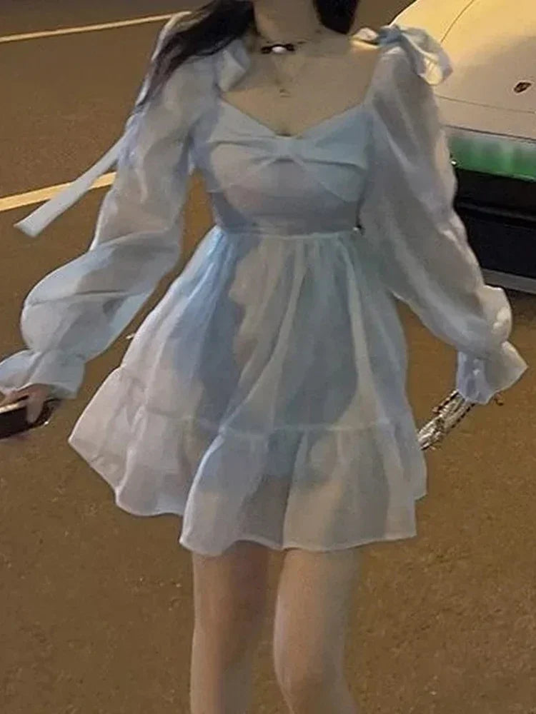 Voguable Winter Korean Long Sleeve Casual Lolita Dresses FeVintage Y2K Beige Mini Dress Kawaii Blue One Piece Dress