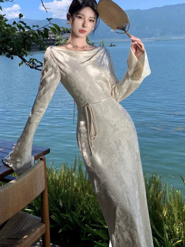 French Vintage Evening Dresses for Women Autumn Bodycon Wedding Prom Robe Flare Sleeve Swinging Collar Midi Vestidos Mujer New