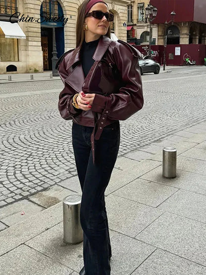 Casual Leather Short Leather Jacket With Belt Lapel Long Sleeved Cropped Coat  New Fashion Lady Street Party New Outwears _