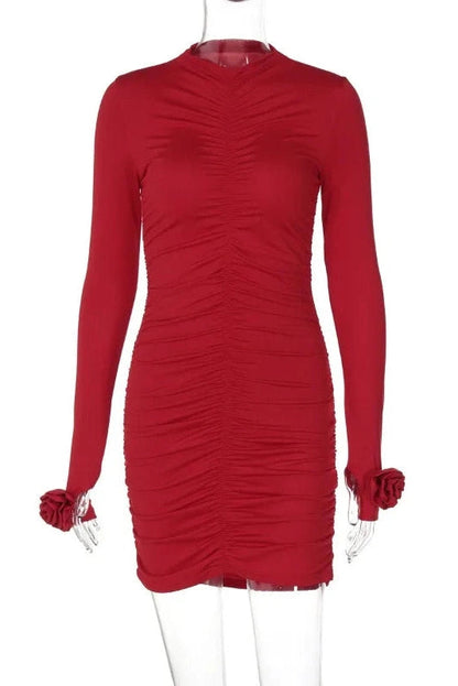 Pleated Long Sleeve O Neck Mini Dress