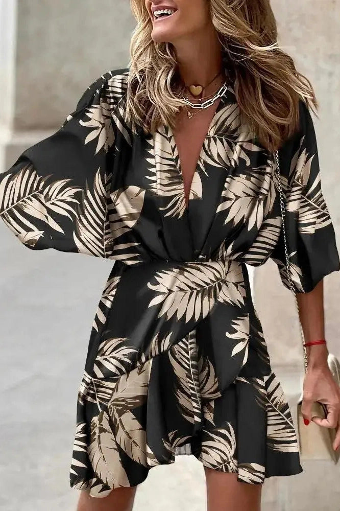 Elegant Irregular Mini Dress with Printed Sleeves