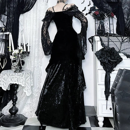 Flocking Lace Off-Shoulder Midi Dress