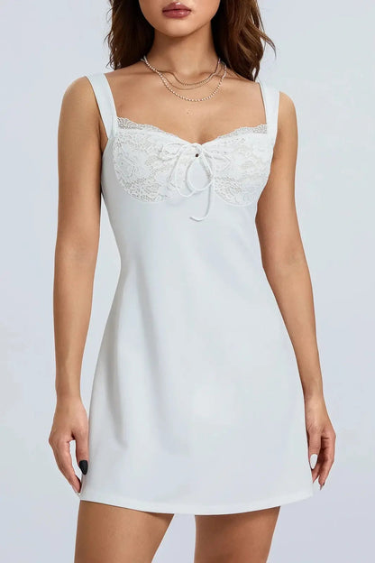 Patchwork Mini Dress with Lace V-Neck