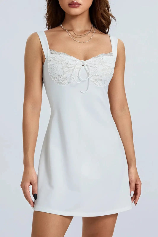 Patchwork Mini Dress with Lace V-Neck