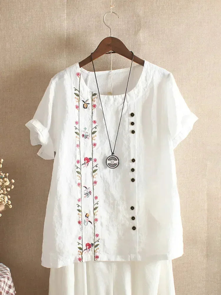 Fashion Flower Embroidery Cotton Linen Shirt Casual Summer Women O-neck Short Sleeve White Pullover Top Elegant Street Blouse
