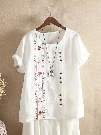 Fashion Flower Embroidery Cotton Linen Shirt Casual Summer Women O-neck Short Sleeve White Pullover Top Elegant Street Blouse