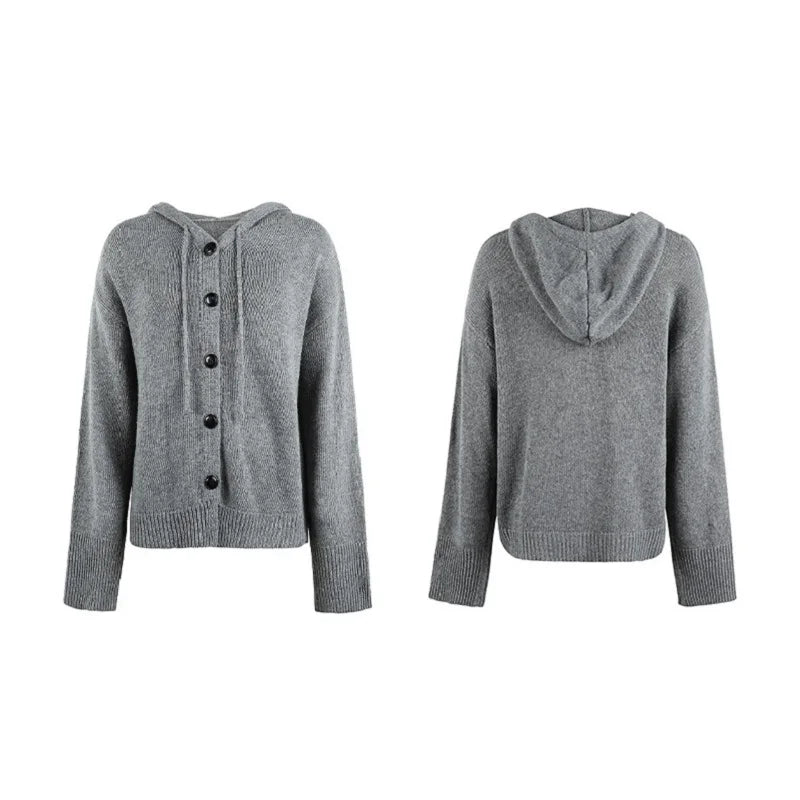 Winter Knitwear Y2k Harajuku Casual Single Breasted Solid Color Hooded Drawstring Knit Cardigan Sweater Women