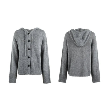 Winter Knitwear Y2k Harajuku Casual Single Breasted Solid Color Hooded Drawstring Knit Cardigan Sweater Women