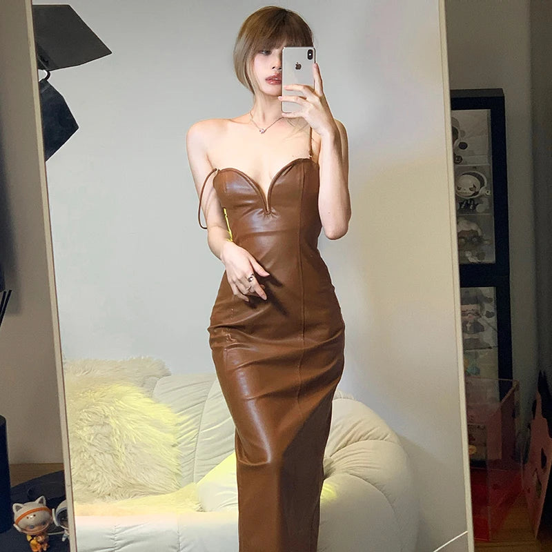 Sling Pu Faux Leather Sexy Slit Fit Long Dress Y2k Streetwear Party Club  Vacation Birthday Summer Women Clothing