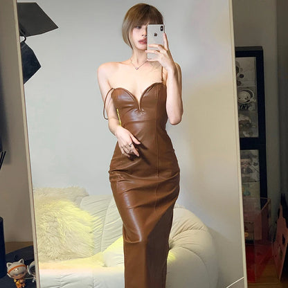 Sling Pu Faux Leather Sexy Slit Fit Long Dress Y2k Streetwear Party Club  Vacation Birthday Summer Women Clothing
