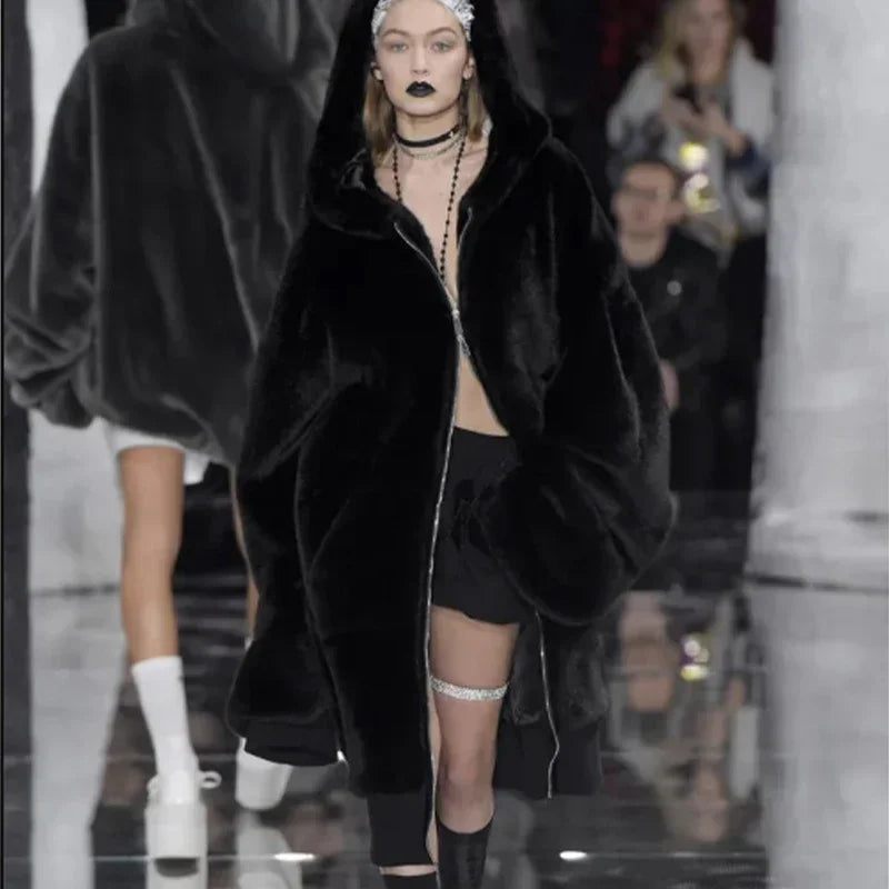 Winter Fashion Runaway Luxury Brand Long Faux Fur Coat Women Jacket Zip Hooded Thick Warm Fake Rabbit Fur Plush Overcoats