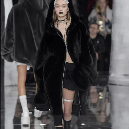 Winter Fashion Runaway Luxury Brand Long Faux Fur Coat Women Jacket Zip Hooded Thick Warm Fake Rabbit Fur Plush Overcoats