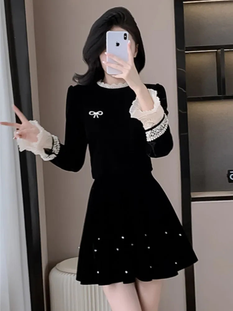 Autumn Elegant Velvet Two-piece Skirt Set Women Long Sleeve Lace Patchwork Crop Top Mini Skirt Korean Fashion Y2K Chic Outfits