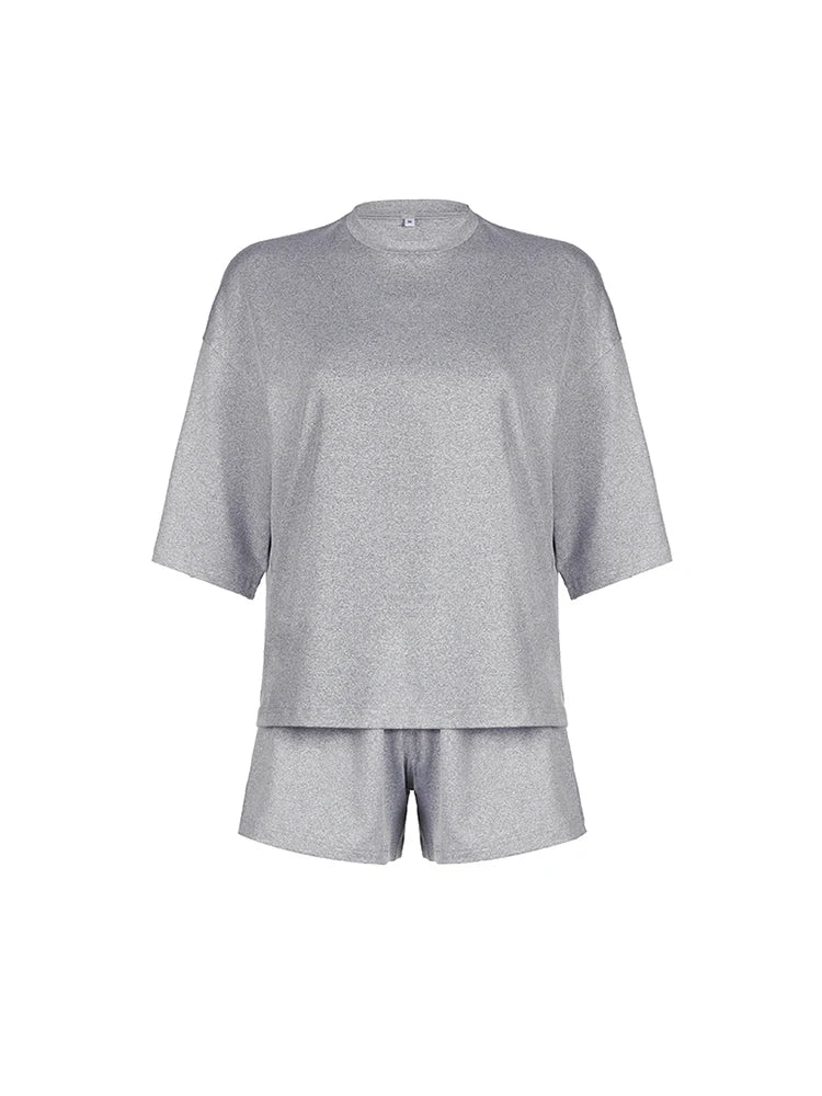 Gray Solid O Neck Loose Basic Casual Half Sleeve T Shirt And Shorts 2 Pieces Sets Women Leisure Homewear