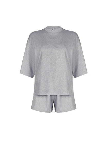 Gray Solid O Neck Loose Basic Casual Half Sleeve T Shirt And Shorts 2 Pieces Sets Women Leisure Homewear