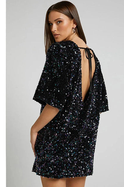 Backless Short-Sleeved Loose Mini Dress with Straps