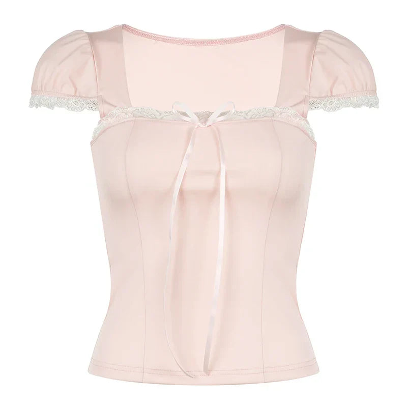 Voguable Y2K Contrast Lace Bow Patchwork Top Casual Basic Slim-fit Short Sleeve T-shirt Coquette Aesthetic Tees
