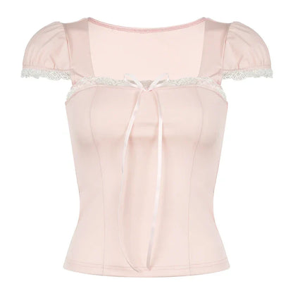 Voguable Y2K Contrast Lace Bow Patchwork Top Casual Basic Slim-fit Short Sleeve T-shirt Coquette Aesthetic Tees