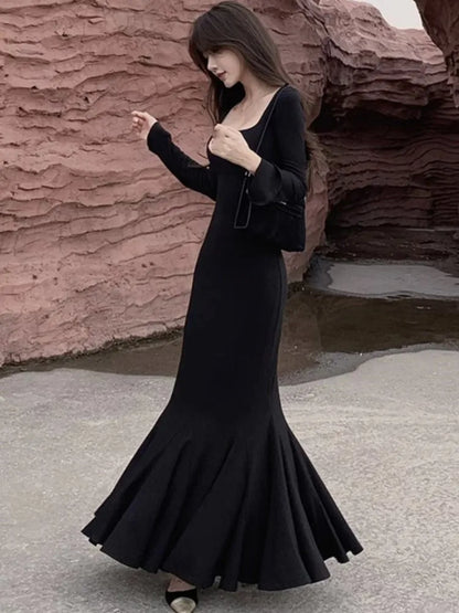 Autumn Fashion Long Dresses for Women Long Sleeves Square Collar Korean Style Slim Fit Mermaid Elegant Basic Solid Vestidos New
