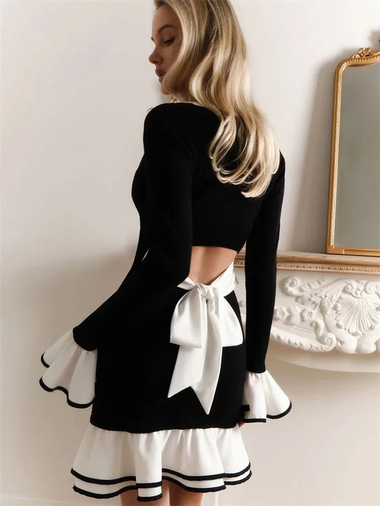 Ruffled Backless Tee Bow Mini Dress Female Slim High Waist Fashion Elegant Party Dress Commute Clothes Autumn Dress