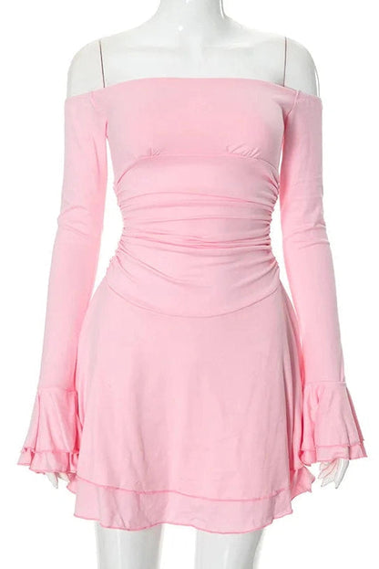 Off-Shoulder Backless Mini Dress with Flare Sleeves