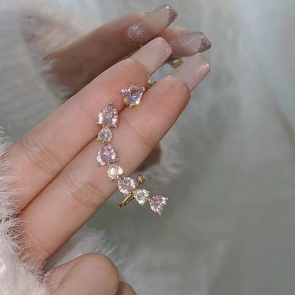 Pink Heart Zircon Ear Clips for Women Asymmetric Fashion Jewelry Gift