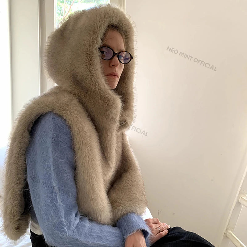 Exclusive Y3k Girls Hooded Sleeveless Faux Fur Coat Women Waistcoat Autumn Winter Gradient Fox Fur Vest Top Gilet Femme