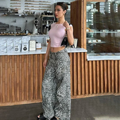 New Leopard Print Retro Straight Long Pants For Women Loose Slightly Flared Trousers Female Streetwear Club Party Pants
