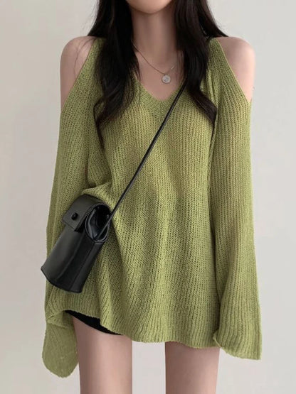 Korean Dongdaemun Off Shoulder Long Sleeve Sweater V-Neck Oversize Pullover Elegant Youth Sexy Knitwear