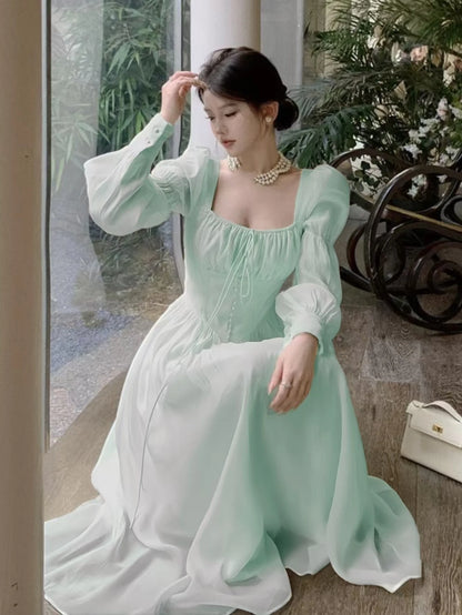 Autumn New Princess Midi Dresses for Women Square Collar Slim Waist Puff Sleeve Vintage Chic Female Clothing One Piece Vestido