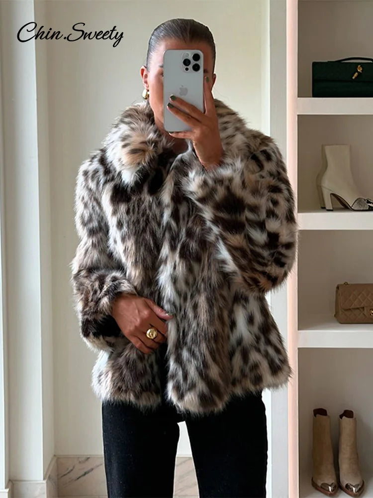 Leopard Print Faux Fur Short Coat Women Fashion Puff Plush Lapel Loose Button Jacket Female  Winter Thick Warm Outerwear