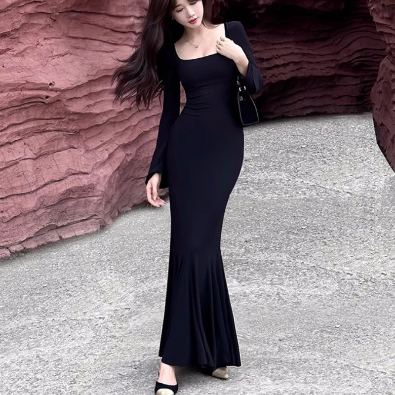 Autumn Fashion Long Dresses for Women Long Sleeves Square Collar Korean Style Slim Fit Mermaid Elegant Basic Solid Vestidos New