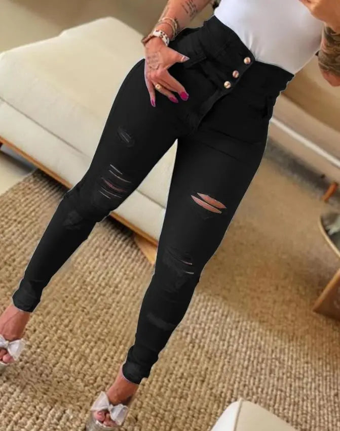 Women's Skinny High-Waist Ripped Jeans with Buttons | Great for Casual Days