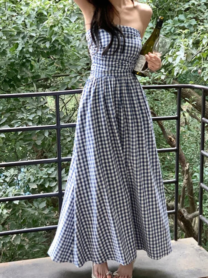 Casual Strapless Midi Dresses for Women Striped Sleeveless A-line Korean Chic Summer New  Party Dress Vestidos Mujer