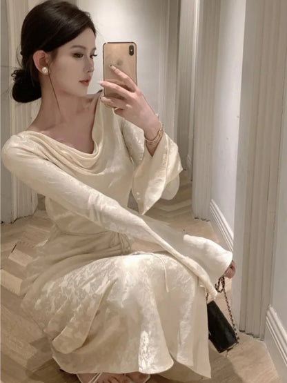 Autumn Bodycon Wedding Evening Dresses for Women Flare Sleeve Swinging Collar French Vintage Prom Robe Midi Vestidos Mujer New