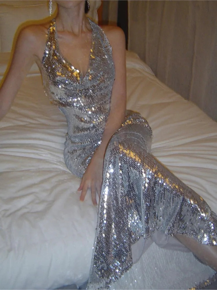 Sexy Bodycon Sequined Prom Robe V-neck Backless Sleeveless Evening Party Dress Wedding Slim Mermaid Long Dresses for Women New