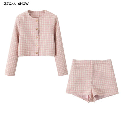 2 pieces 1 Set  French Style Retro Pink Plaid Woven Tweed Blazer + High Waist Mini Shorts Pants Suits