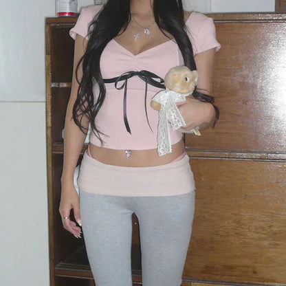 Voguable Coquette Contrast Bow Folds Cropped Top White Pink Short Sleeve Slim-fitting Short Sleeve T-shirt Y2K