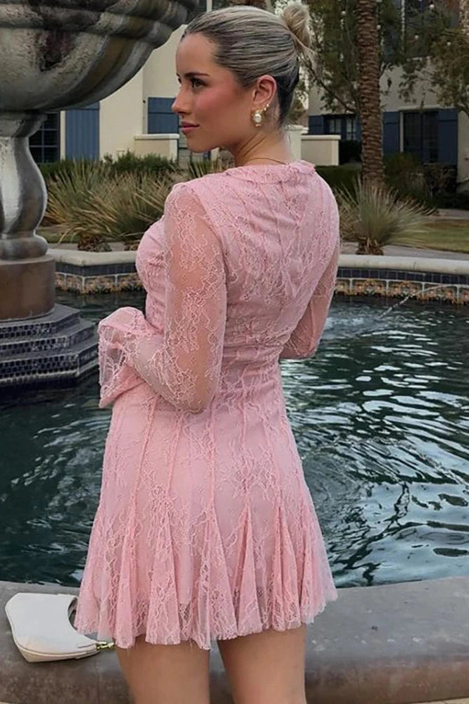 Lace Deep V-Neck Long Sleeve Mini Dress with Sheer Detail