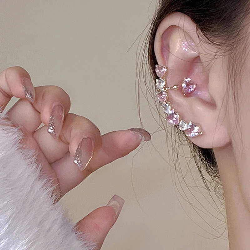 Pink Heart Zircon Ear Clips for Women Asymmetric Fashion Jewelry Gift
