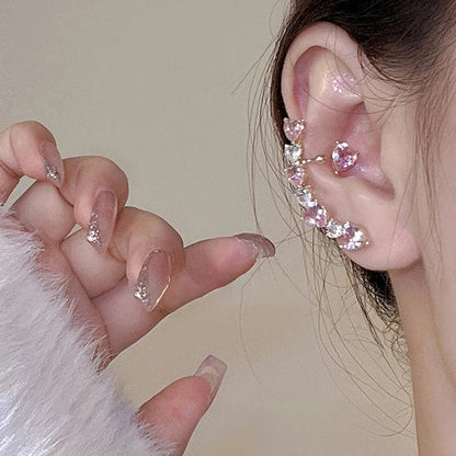 Pink Heart Zircon Ear Clips for Women Asymmetric Fashion Jewelry Gift