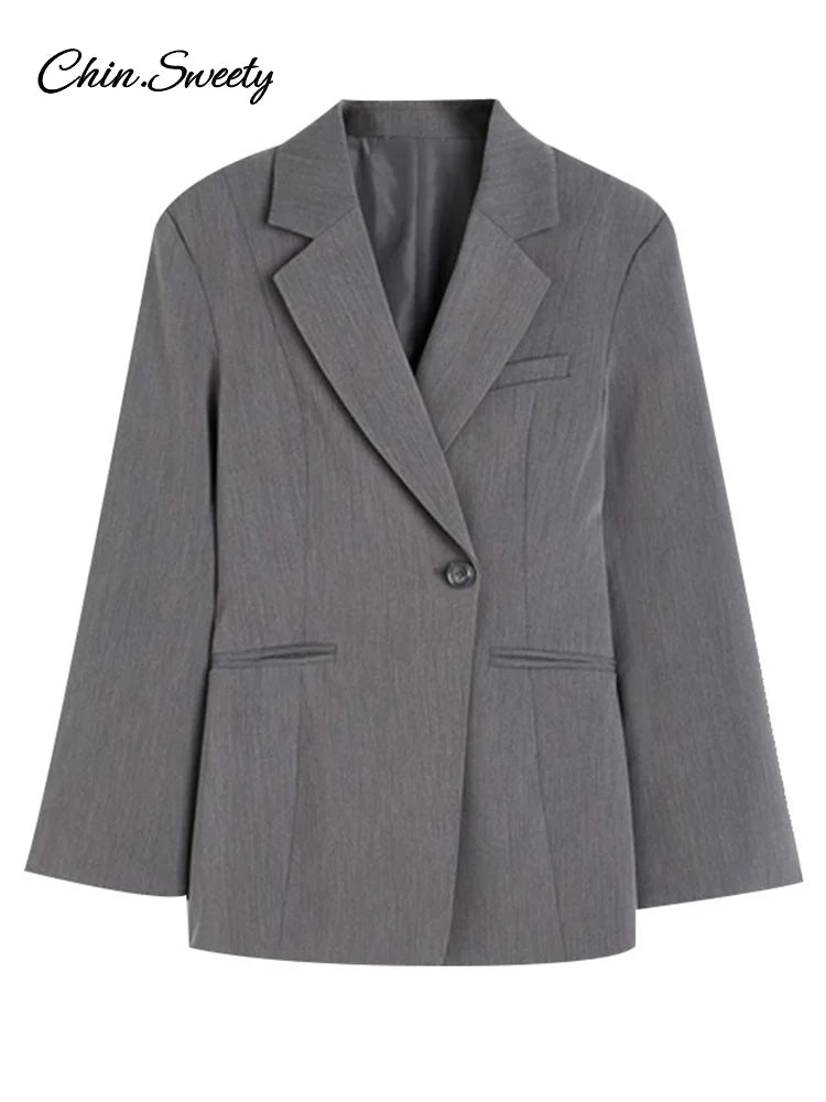 Elegant Metal Button Blazer Suit Women Slim V Neck Long Sleeve Fake Pocket Jacket  Autumn Shoulder Pads Office Lady Outwear