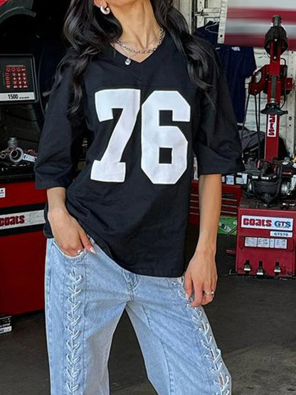 Digital Print Casual Loose White T Shirts For Women V Neck Short Sleeve Preppy Streetwear Summer Top Tees Football Jersey