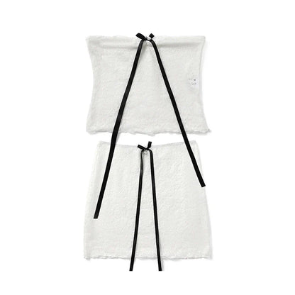 y2k Outfit Set Coquette Clothing Off Shoulder Strapless Tube Top and Mini Skirt with Bow 2000s Clothes Streetwear