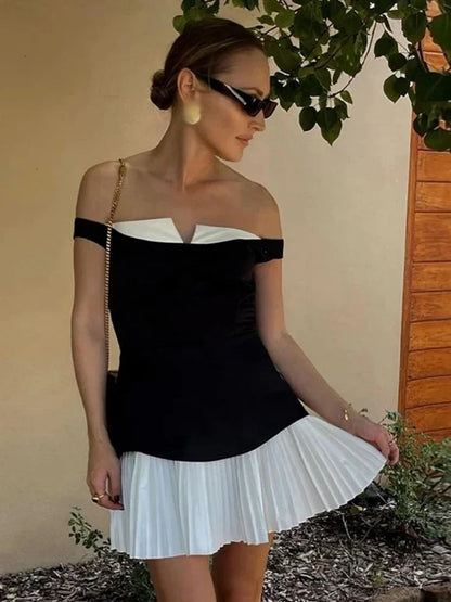 Contrast Color Folds Mini Dress For Women Slim Fit Off-Shoulder Sexy Dress Plunge Elegant Sleeveless Gown Dress Ladies