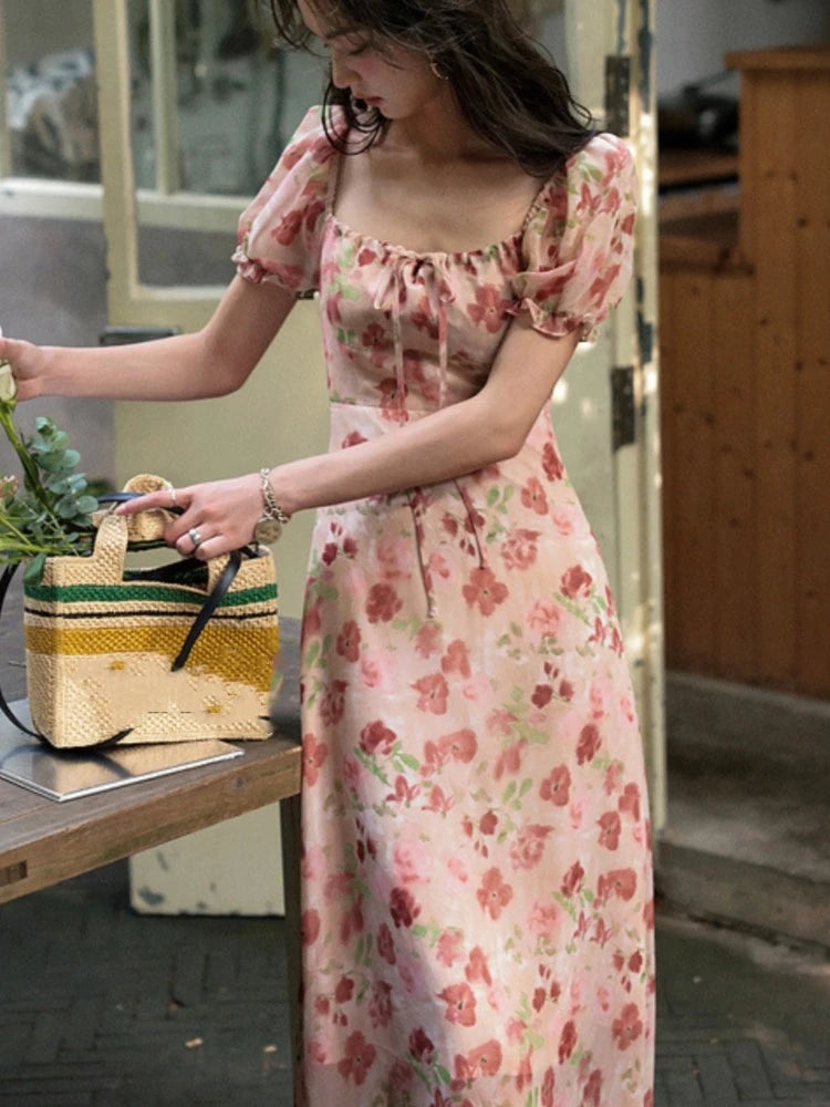 French Vintage Floral Printed Midi Dresses for Women Summer Puff Sleeve Square Collar Slim Party Dress Casual One Piece Vestido